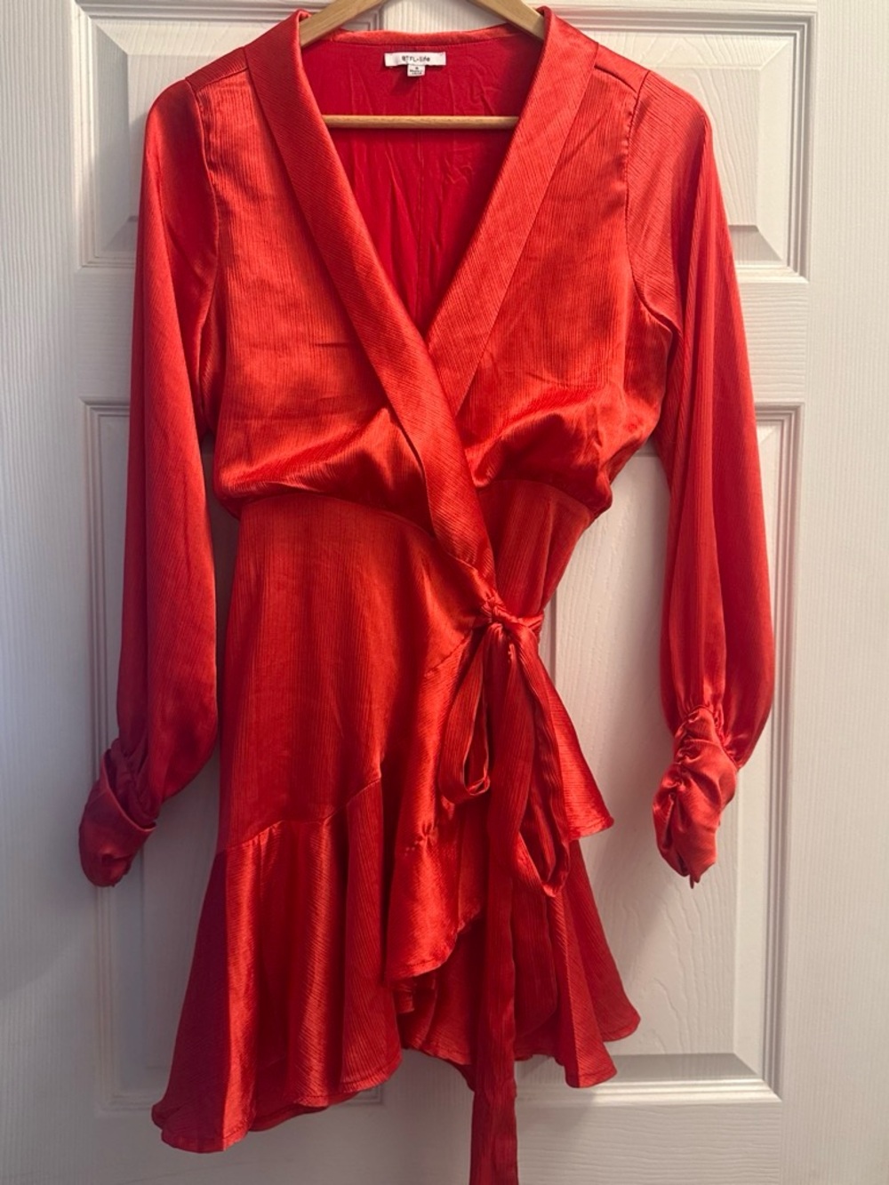 BTFL-life Silky Red Wrap Dress with Ruffled Hem